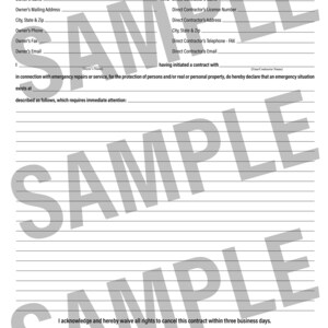 May include: A black and white waiver of right to cancel form with blank lines for filling in information. The form includes the text "WAIVER OF RIGHT TO CANCEL" at the top and "I acknowledge and hereby waive all rights to cancel this contract within three business days." at the bottom.