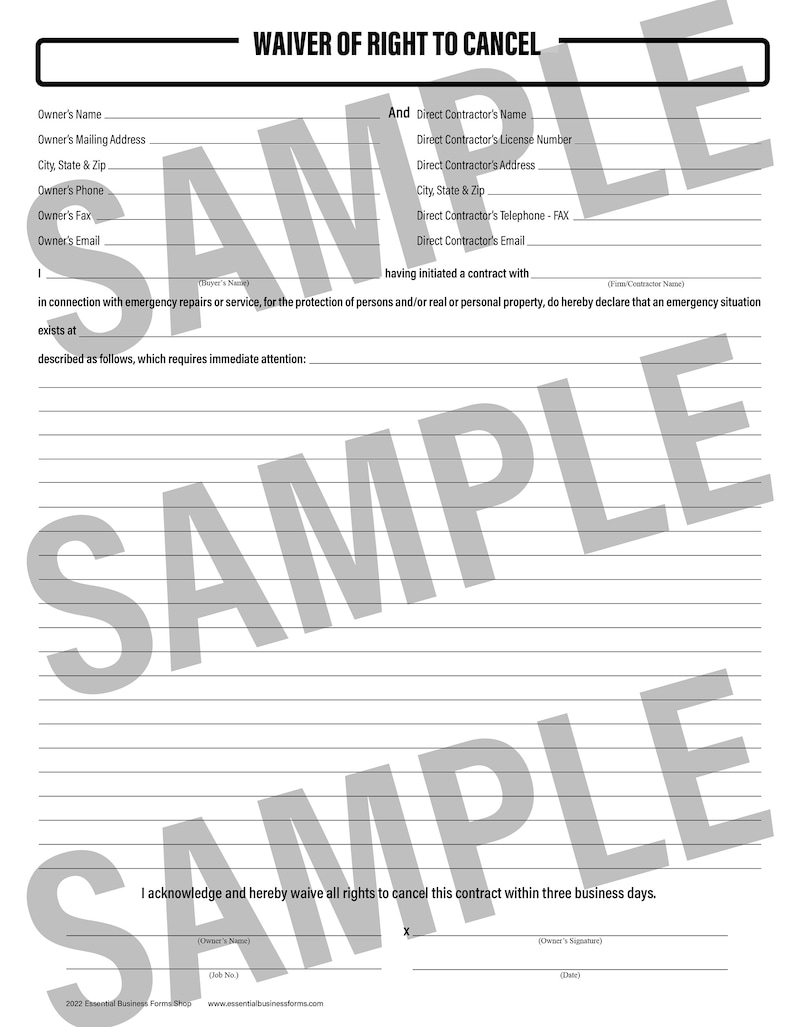 May include: A black and white waiver of right to cancel form with blank lines for filling in information. The form includes the text "WAIVER OF RIGHT TO CANCEL" at the top and "I acknowledge and hereby waive all rights to cancel this contract within three business days." at the bottom.