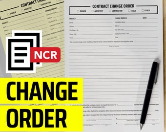 May include: A stack of contract change order forms with a black pen. The forms are white with black text and lines. The words "CONTRACT CHANGE ORDER" are at the top. A yellow banner at the bottom says "CHANGE ORDER".