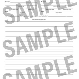 May include: A blank form titled "Additional Description Form" with fields for contractor and property owner information, including names, addresses, phone numbers, and email addresses. The form also includes space for a description of a contract and additional contract specifics.