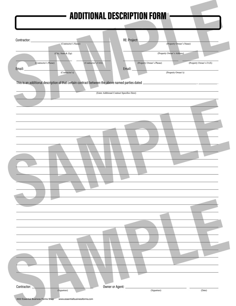 May include: A blank form titled "Additional Description Form" with fields for contractor and property owner information, including names, addresses, phone numbers, and email addresses. The form also includes space for a description of a contract and additional contract specifics.
