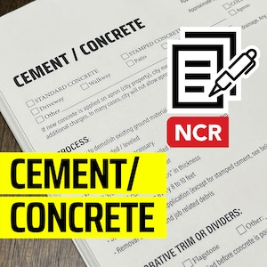 May include: A close-up of a yellow and black sign that reads "Cement/Concrete". The sign is partially covering a document with a checklist for standard concrete, stamped concrete, and other concrete options. The document also includes the text "NCR" in a red box.