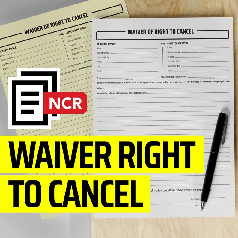 Waiver Right to Cancel NCR Form pack of 10 Etsy
