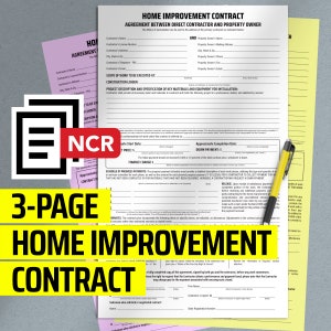 May include: A three-page home improvement contract agreement between a contractor and a property owner. The contract includes sections for contractor and property owner information, scope of work, project description, schedule of progress payments, and signatures.