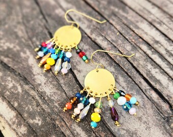 OOAK Gypsy Bohemian Disc Earrings with Vintage Carnival Glass Beads. Asymmetric. Colourful. Irregular.