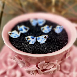 Può includere: Una tazzina da tè e un piattino rosa con dettagli floreali, riempiti di sabbia nera e piccoli orecchini in porcellana blu e bianca a forma di farfalla.