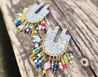 BIG OOAK Weighted Gypsy Bohemian Chandelier Earrings with Vintage Carnival Glass beads. Polymer Clay. Asymmetric. Colourful. Irregular.