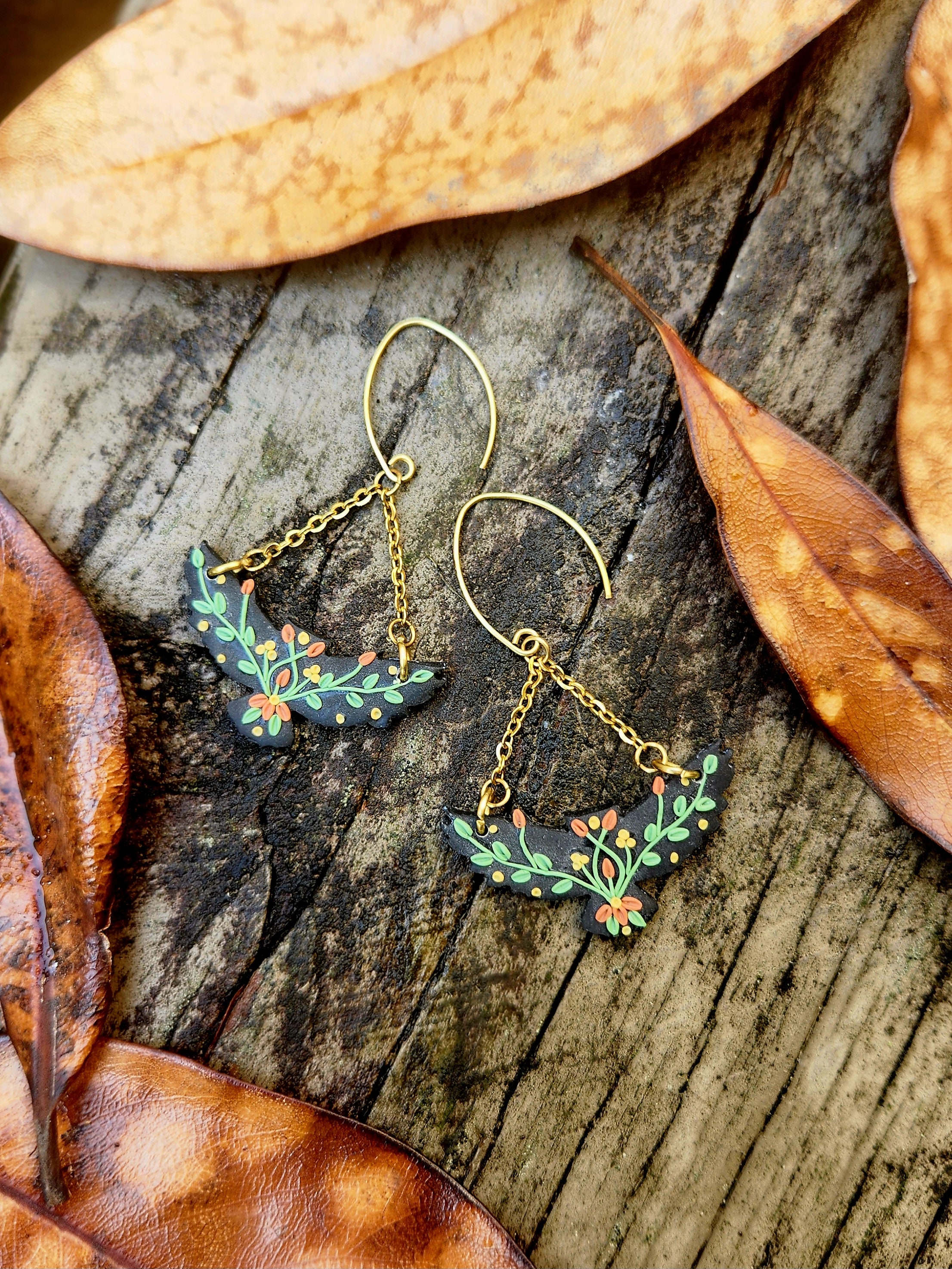 Night Blooms Folk Art collection. Wise Old Owl Polymer clay earrings. Floral Dark Soul Blossom.