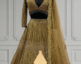 Gold color Lehenga Choli Set | Thread & Sequence Embroidery | Fully Stitched Lehenga with Dupatta | Ready To wear | Wedding Lehenga |Lehenga
