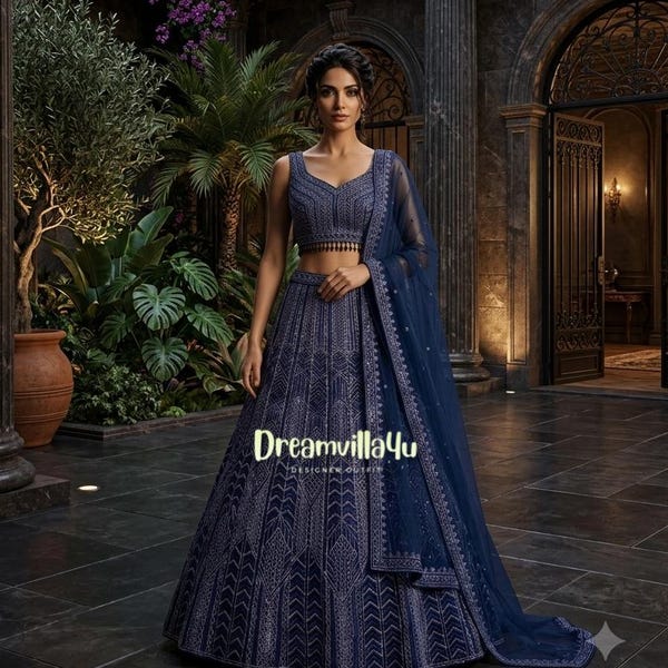 Lehenga Choli bleu marine de créateur pour femme, lehenga de mariage, tenue de henné, lehenga de soirée, lehenga Choli cousu, lehengas prêts-à-porter