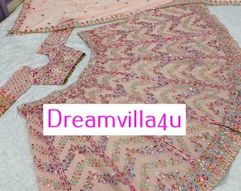 Peach Lehenga Choli, Indian Wedding Wear, Mirror & Zari Work