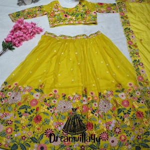 Yellow Organza Lehenga Choli, Sequins Embroidery, Indian Wedding Wear