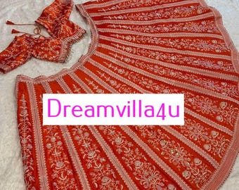 Orange Lehenga Choli, Rainbow Sequins & Resham Threadwork, Indian Wedding Wear