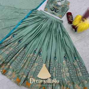 Conjunto de lehenga choli chinon bordado, ropa de boda india