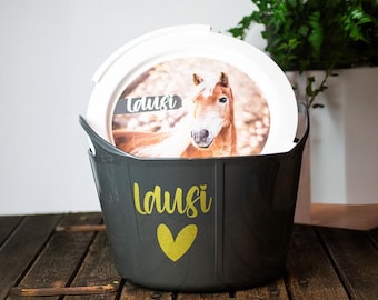 Ciotola per mangime per cavalli con stampa fotografica, stampa personalizzata del nome, secchio flessibile • Cavallo • Cavallo • Amore per i cavalli • Idea regalo • Personalizzato