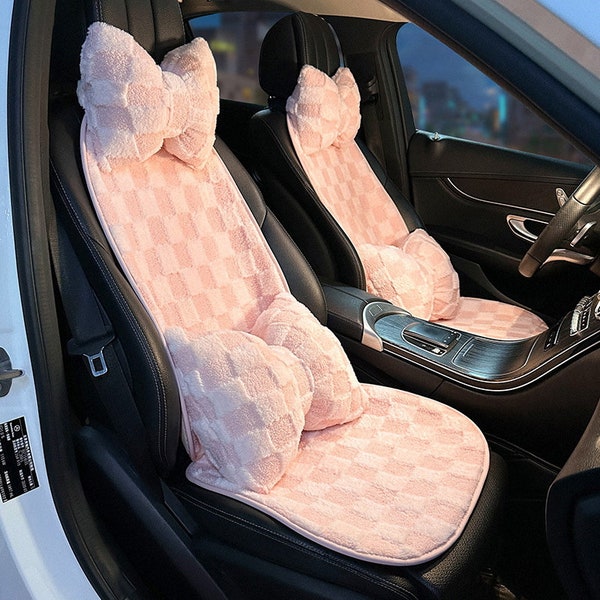 Rosa Fluffy Autositzbezüge Set Niedliche Autozubehör für Frauen Autokissen Auto Interieur Zubehör für Mädchen