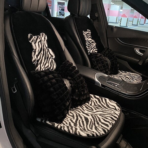 Black White Fluffy Car Accessories Soft car seat covers set for women car cushions auto interior accessories for girls