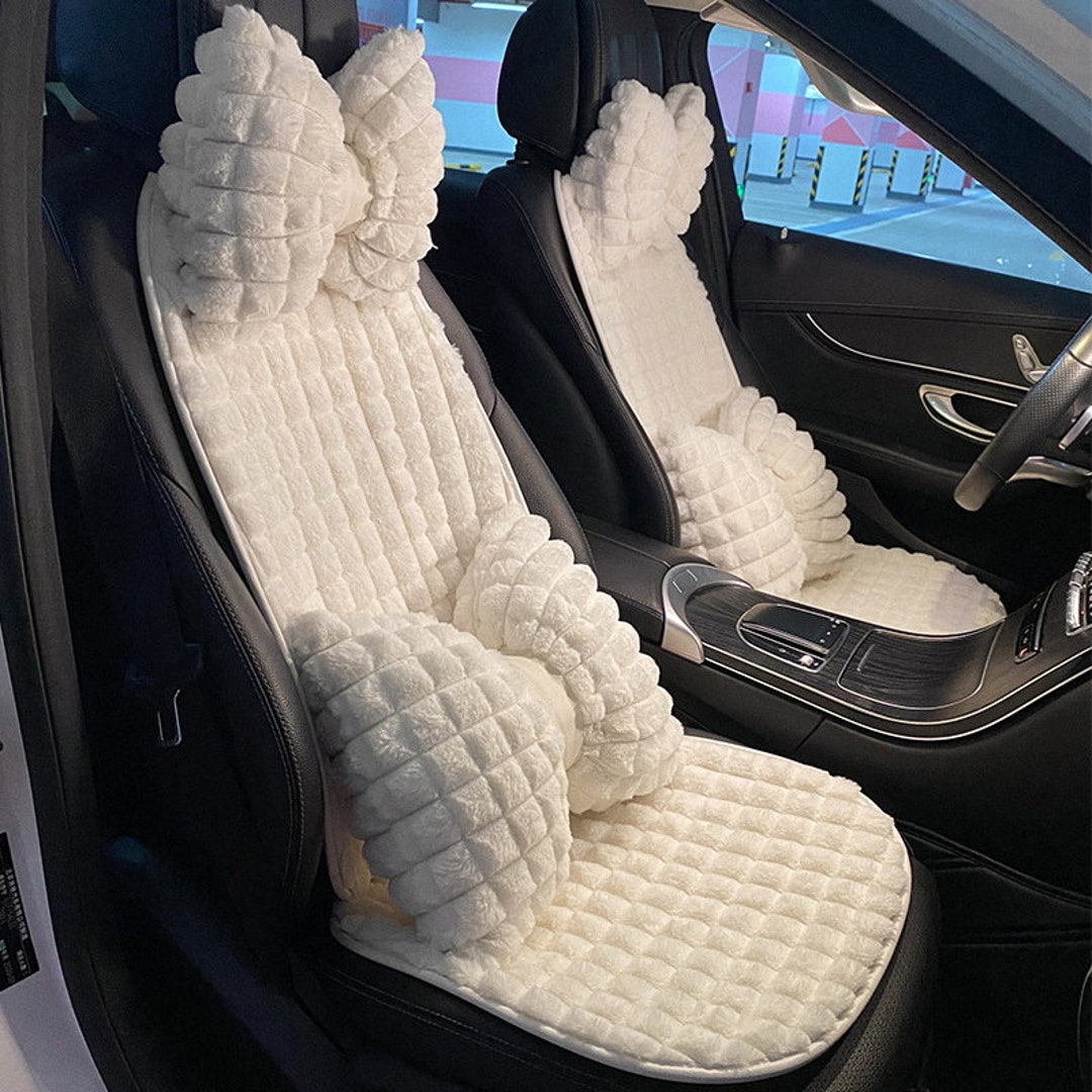 Fluffy White Car Seat Covers Set Cute Car Accessories for Women Car