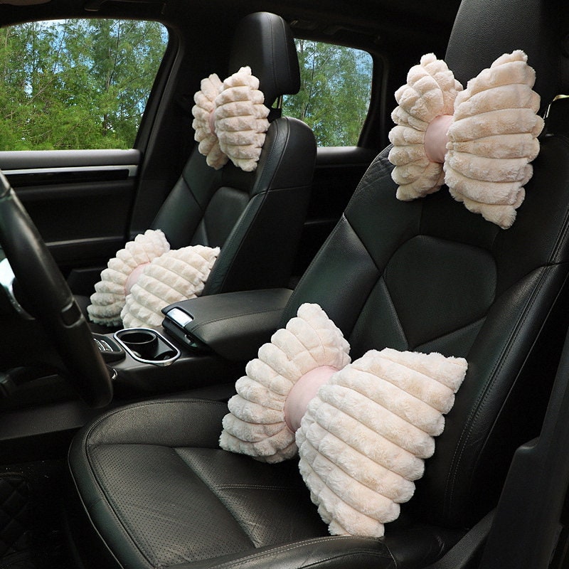 Flauschige weiße Autositzbezüge Set Süßes Autozubehör für Frauen Autokissen  Auto-Interieur-Zubehör für Mädchen - .de