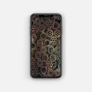May include: A black smartphone with a screen displaying a pattern of overlapping, rusty gears in shades of brown, gray, and red.