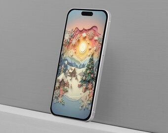 Fond d'écran Village de Noël pour smartphone : écran de verrouillage festif pour iPhone (téléchargement numérique)