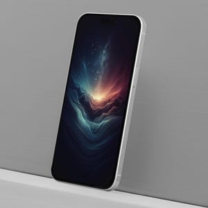 Op de afbeelding: Een witte smartphone met een donker scherm waarop een kleurrijk abstract ontwerp van draaiende lijnen en sterren te zien is.