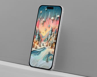 Fond d'écran Village de Noël pour smartphone : écran de verrouillage festif pour iPhone (téléchargement numérique)