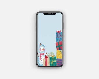 Fondo de pantalla navideño de muñeco de nieve para iPhone: Regalos festivos (Descarga digital)