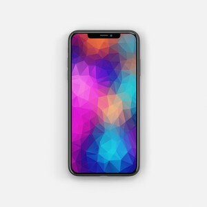 Puede incluir: Un teléfono inteligente negro con un fondo de pantalla de patrón geométrico en tonos de rosa, azul y naranja.