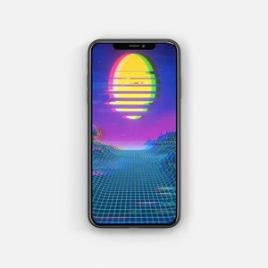 May include: A black smartphone with a retro-style wallpaper featuring a yellow sun, a purple sky, and a blue and green grid pattern.