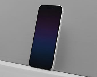 Peut inclure: Un smartphone argenté avec un écran noir affichant un dégradé de violet, de bleu et de noir. Le téléphone est appuyé contre un mur gris, mettant en valeur son design élégant et moderne.