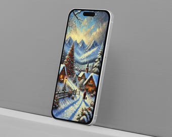 Fond d'écran Village de Noël pour smartphone : écran de verrouillage scène d'hiver (téléchargement numérique)