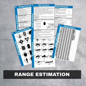 May include: A collection of blue and white range estimation reference cards. The cards cover topics like MIL ranging, reticle ranging, and common objects. The cards include diagrams, formulas, and examples for calculating distances. The text "RANGE ESTIMATION" is at the bottom.