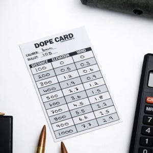 Può includere: Una "DOPE CARD" bianca con dati per un proiettile calibro 6 mm, una calcolatrice e due proiettili. La scheda elenca distanze, elevazioni e velocità del vento. I proiettili hanno bossoli in ottone e punte.
