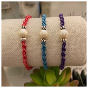 Handmade Custom Adjustable Pearl and Silver Accented Waxed Cord Bracelet