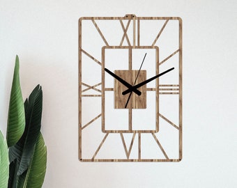 Magna Rectangula Wooden Wall Clock, Large Roman Numeral Wall Decor, Silent Wall Clock with 3D Shadow Effect, Decorative Hanging, Wooden Gift