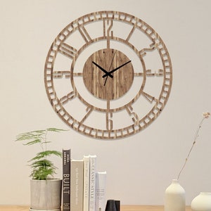 Wooden Clock, Compass Wall Clock, Silent Wall Clock, Latin Numeral Wall Clock, Oversize Wall Clock, Housewarming Gift, Mother's Day Gift