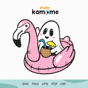 May include: A white ghost with a friendly face is sitting in a pink inflatable flamingo holding a yellow umbrella and a brown coconut with a blue straw.