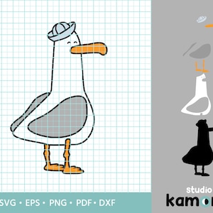 Può includere: Un'illustrazione di un cartone animato di un gabbiano che indossa un cappello da marinaio blu. Il gabbiano è grigio con la testa bianca e il becco e le zampe arancioni. Il gabbiano è rivolto verso il lato destro dell'immagine.