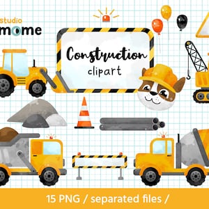 Construction PNG, Watercolor Construction Clipart, Construction Vehicles Instant Download, Bulldozer, Excavator, Cement Truck, Dump Truck