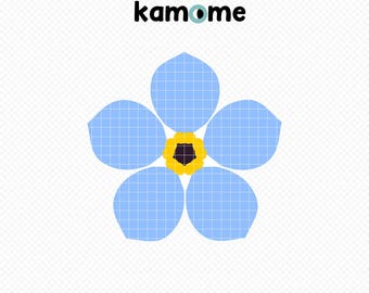 May include: A stylized illustration of a blue forget-me-not flower with a yellow and black center. The flower has five petals with a grid pattern. The image includes the text "studio kamome" in orange and black, and file type options: SVG, PNG, EPS, PDF, and DXF.