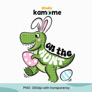 Puede incluir: Un dinosaurio verde de dibujos animados con orejas de conejo, sosteniendo un huevo rosa con lunares blancos, y el texto "on the hunt". También hay un huevo a rayas azul y blanco. El logotipo de Studio Kamome está en la parte superior.