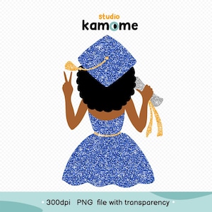 Black Girl Graduation Glitter Png, African American Graduation Girl Png, Senior Black woman blue Gown, Graduation Cap Png, Instant Download
