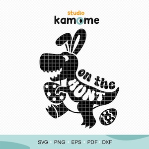 May include: Black silhouette of a dinosaur with bunny ears holding an Easter egg. The dinosaur is walking and the text "on the hunt" is written on its body.