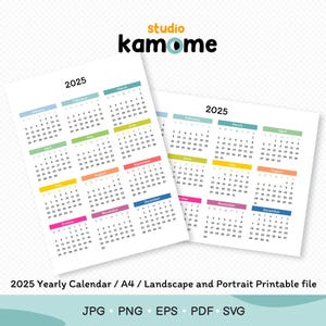 Calendario imprimible para el año 2025 en formato horizontal y vertical, archivo imprimible de calendario vectorial, calendario anual de pared, calendario de escritorio, descarga instantánea