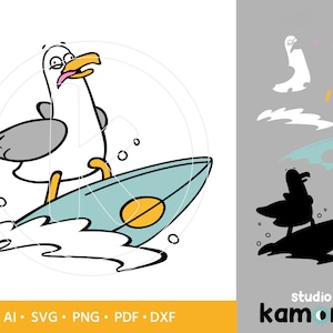 May include: A cartoon illustration of a seagull riding a surfboard with a yellow fin. The seagull has a gray head and white body with a pink tongue sticking out. The surfboard is light blue with white waves.