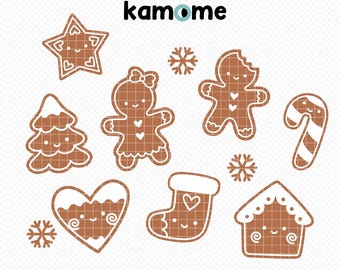 May include: A set of nine gingerbread cookie SVG cut files, including a gingerbread person, a gingerbread house, a candy cane, a stocking, a heart, a star, and a Christmas tree. The cookies are brown with white icing and have cute faces.