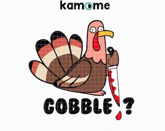以下が含まれることがあります： 血まみれのナイフを持った漫画の七面鳥で、「Gobble?」という黒い文字が書かれています。七面鳥は茶色で、赤と白の羽根をしています。