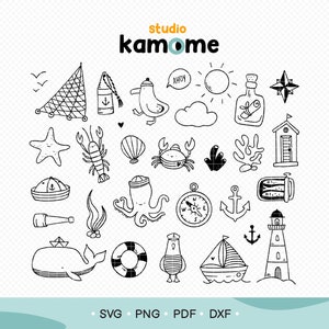 Maritime bundle Svg Dxf Png Pdf Files, Seagull, Anchor, Whale, Buoy, Lobster, lighthouse, Sardines, Compass, Vector clipart Instant Download