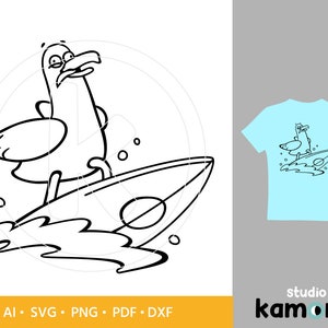 May include: Black and white line art illustration of a cartoon seagull riding a surfboard with a wave behind it.